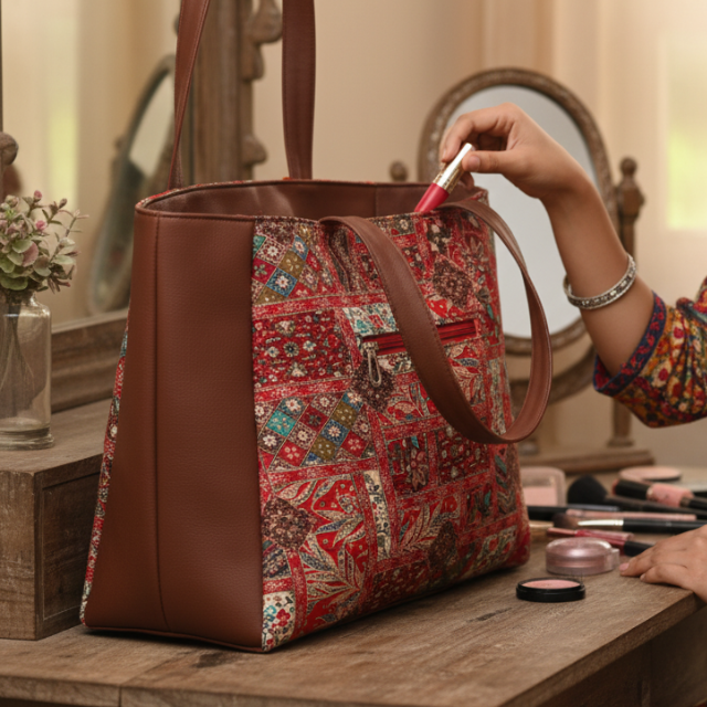 Leather Handles Printed Big Size Handbag With Zip Pockets