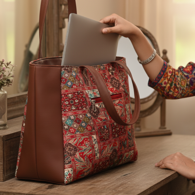 Leather Handles Printed Big Size Handbag With Zip Pockets
