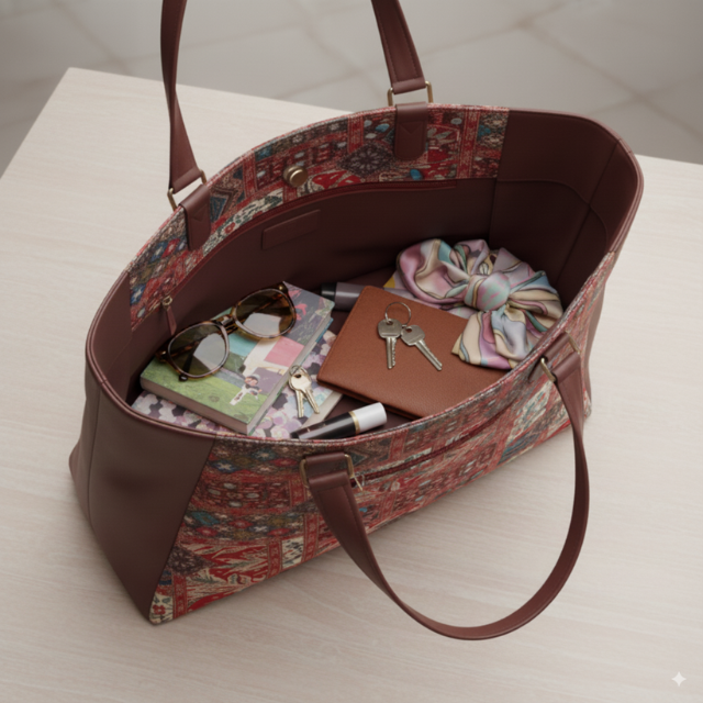 Leather Handles Printed Big Size Handbag With Zip Pockets