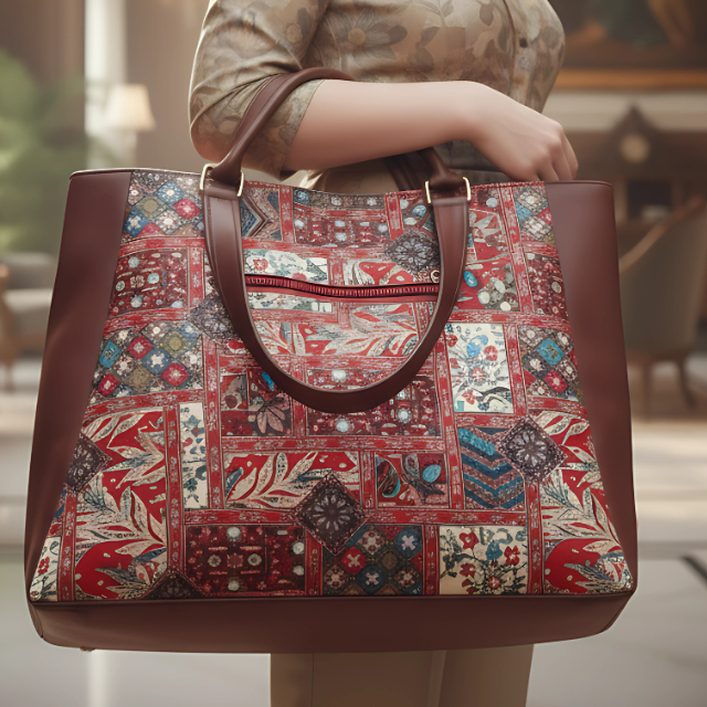 Leather Handles Printed Big Size Handbag With Zip Pockets