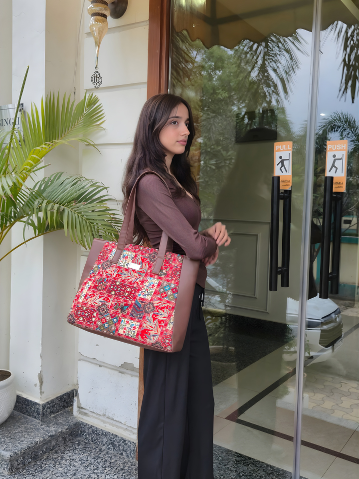Reva Floral Tote — Printed PU Leather Handbag, Spacious & Waterproof