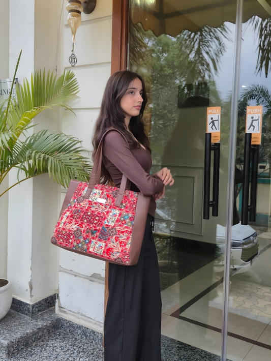Reva Floral Tote — Printed PU Leather Handbag, Spacious & Waterproof