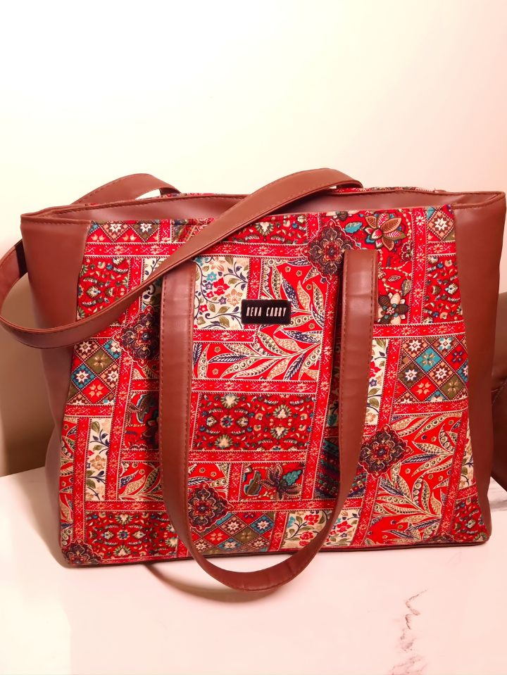 Reva Floral Tote — Printed PU Leather Handbag, Spacious & Waterproof