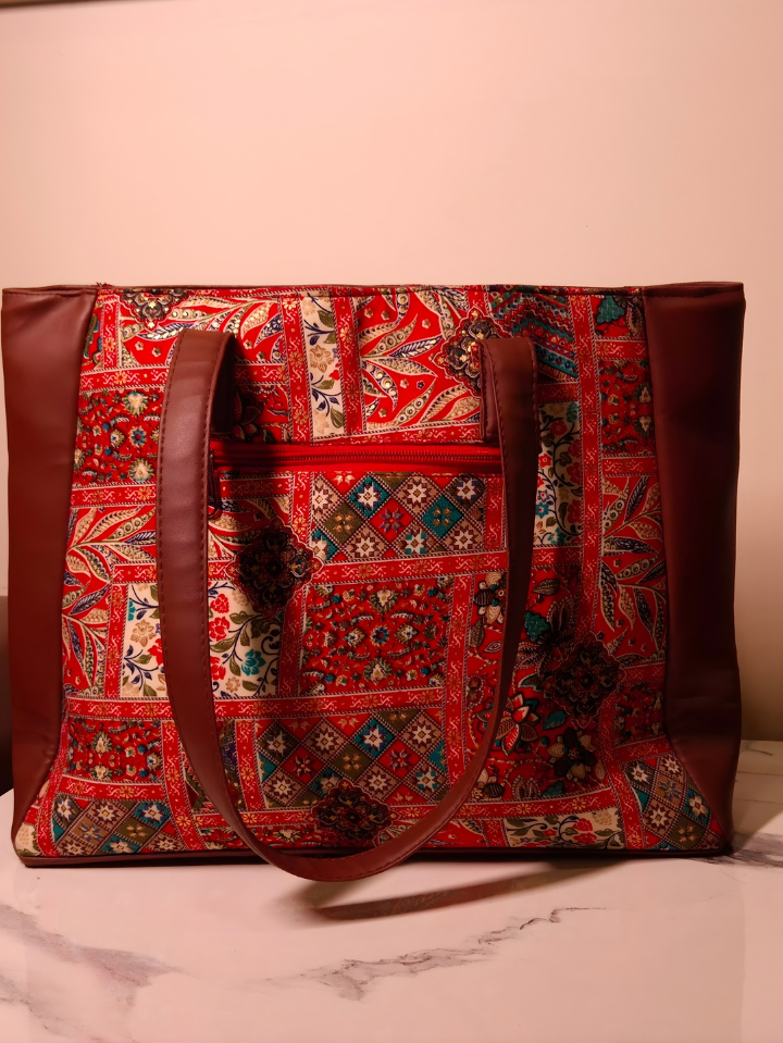 Reva Floral Tote — Printed PU Leather Handbag, Spacious & Waterproof