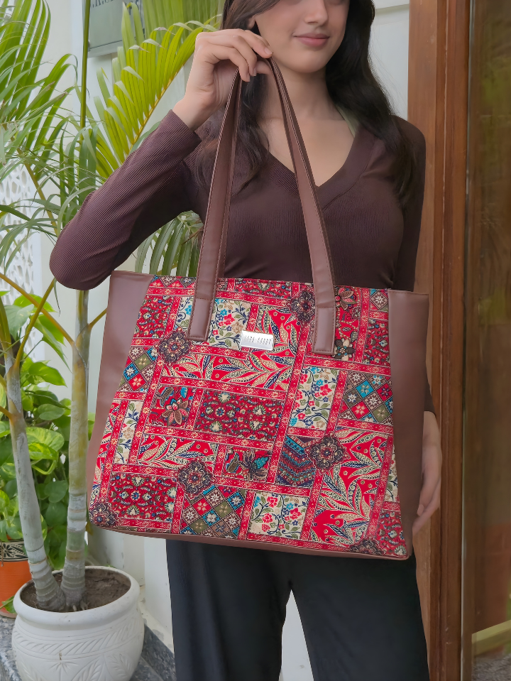 Reva Floral Tote — Printed PU Leather Handbag, Spacious & Waterproof