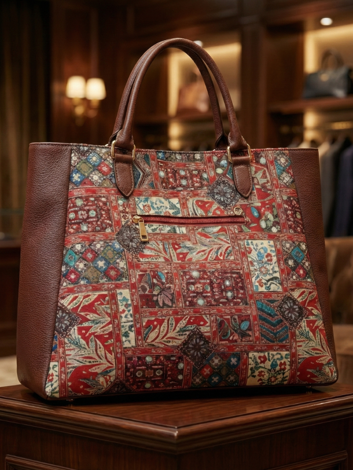 Leather Handles Printed Big Size Handbag With Zip Pockets