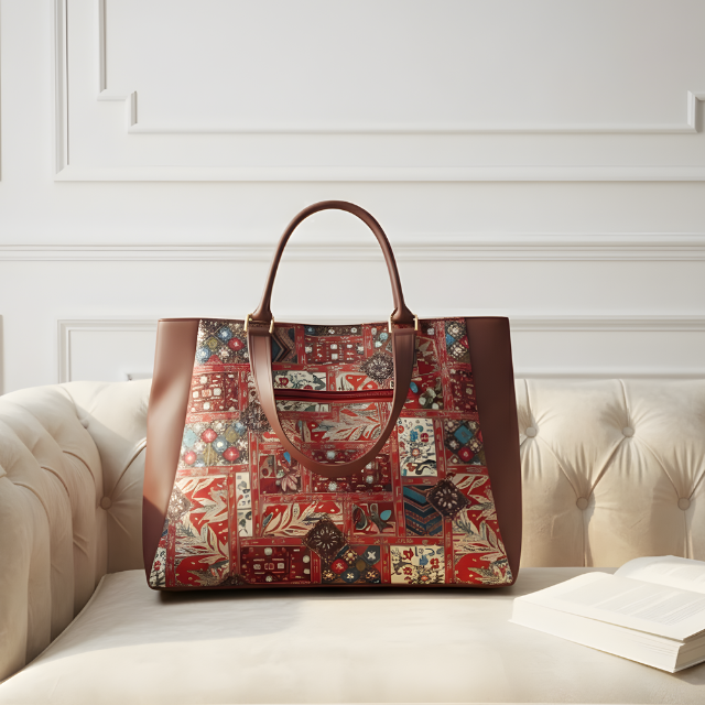 Leather Handles Printed Big Size Handbag With Zip Pockets