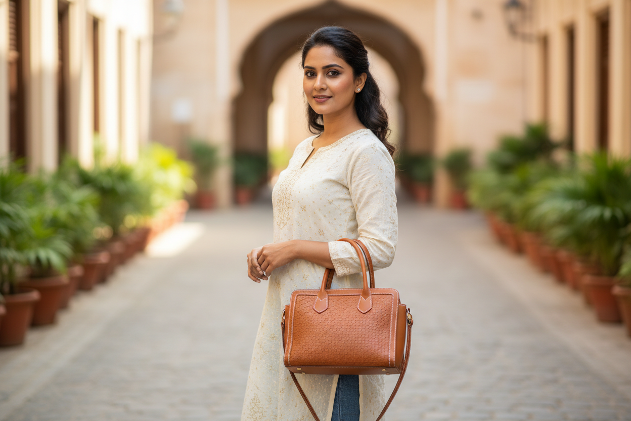 A realistic photograph of an adult Indian woman (age 22–28) holding a stylish women’s handbag. She is posing confidently in a natural, elegant stance.
She has a natural brown skin tone, expressive eyes, subtle makeup, and neatly styled hair. Wearing modern casual Indian fashion (stylish top or kurti with jeans).
The handbag is clearly visible, held naturally in one hand or resting on her arm, premium leather or faux-leather look, well-defined texture and stitching.
The pose feels candid and real — relaxed s